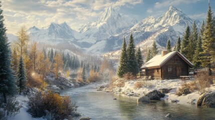 Fototapeta premium A charming, rustic cabin by a quiet river, surrounded by snow-capped mountains and evergreen trees, creating a serene winter scene.