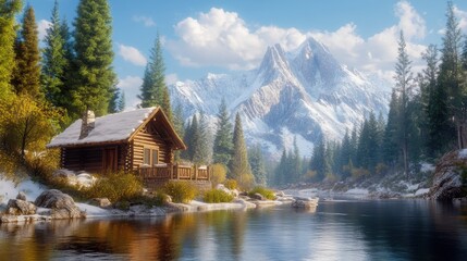 A charming, rustic cabin by a quiet river, surrounded by snow-capped mountains and evergreen trees, creating a serene winter scene.