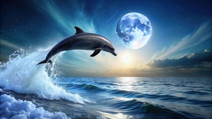 Fototapeta premium A dolphin leaps from the ocean's surface on a cresting wave, its body glistening in moonlight as it soars through the air , marine life, sea creature
