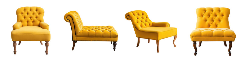 Elegant and Luxurious Tufted Yellow Velvet Armchair in a Stylish Living Room Setting  The chair features a classic and timeless design with its button tufted velvet upholstery wooden legs and a plush