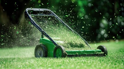 Fototapeta premium A lawn mower in action, with grass clippings flying in the air.