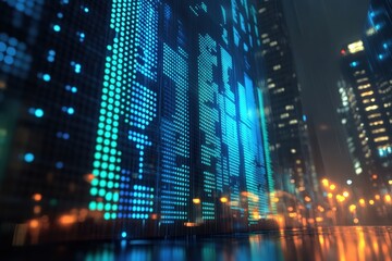 Dynamic digital financial charts in neon blue and green urban cityscape data visualization nighttime futuristic concepts