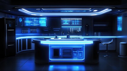 Obraz premium A futuristic kitchen with high-tech appliances and a sleek island counter.