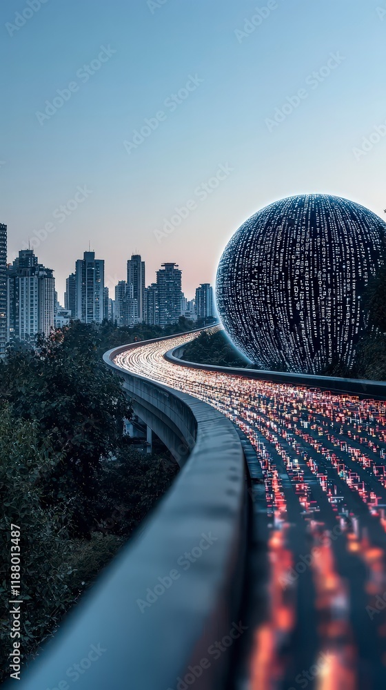 Poster global network cityscape with illuminated data sphere