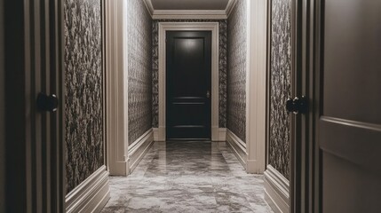 Fototapeta premium A hallway featuring wallpaper with a black-and-white damask pattern.