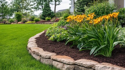 Obraz premium A lily plant with vibrant yellow flowers growing in a garden bed.