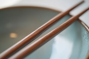 Chopsticks resting in bowl, kitchen, sunlight, food prep
