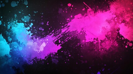 Abstract neon pink, purple, and blue paint splashes mixed with rough, grungy textures for a lively design.