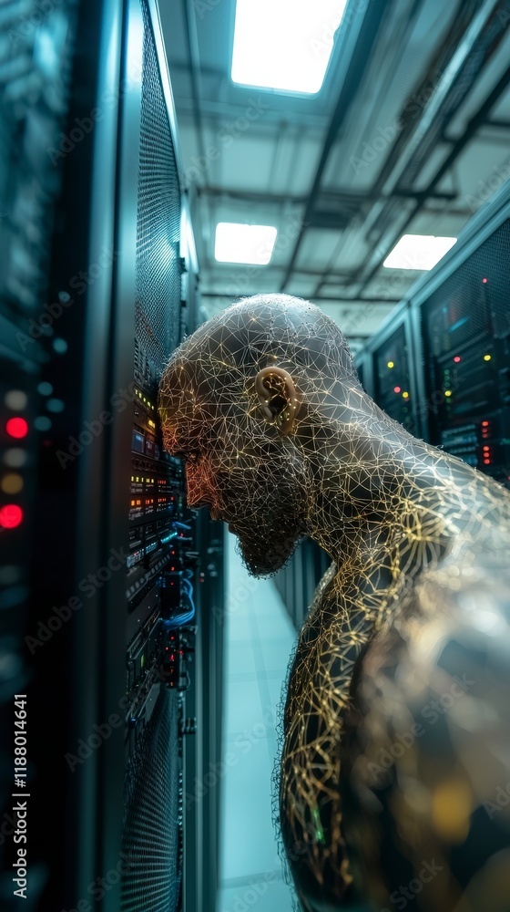 Poster futuristic robot in data center ai network server room technology
