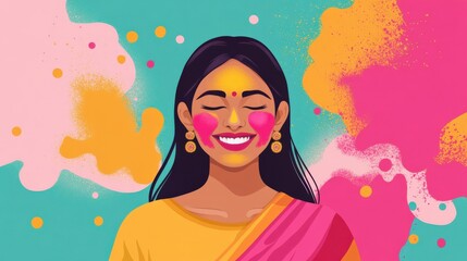 Vibrant Portrait of a Happy Woman Celebrating Holi with Colorful Powder and Traditional Attire in a Festive Atmosphere