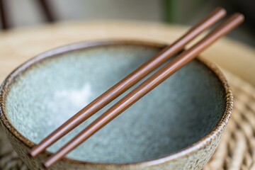 Wooden chopsticks in empty bowl, cafe setting