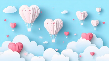 Valentine’s day paper cut style border frame design with origami hearts, air balloons, and clouds for website, sale banner, flyer, or poster