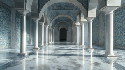 Fototapeta premium Elegant Marble Hallway With Blue Mosaic Walls And Arches