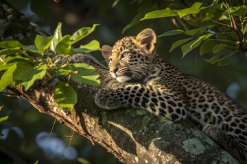 Adorable Leopard Cub Resting on Tree Branch in Sunlight