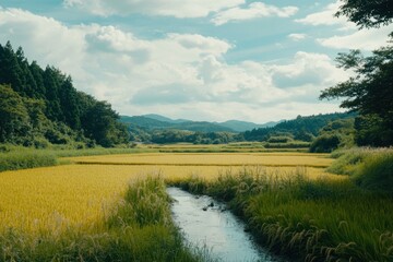Serene Rice Paddy Landscape With Stream And Mountains