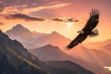 Obraz premium Majestic Eagle Soaring Over Sunset Mountains