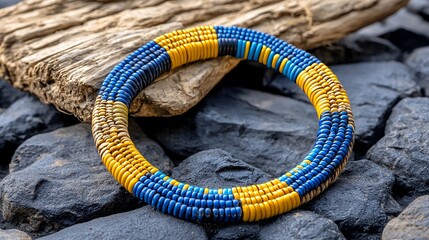 Vibrant Handmade Beaded Necklace on Dark Rocks