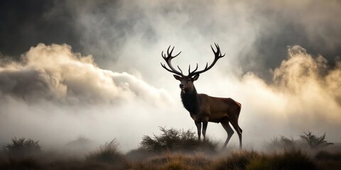 A majestic red deer stag silhouette stands proudly against a backdrop of eerie mist, its antlers reaching towards the grey sky as if in defiance , landscape, stag
