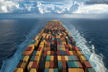 Large container ship navigating open waters at high altitude aerial perspective on shipping industry operations
