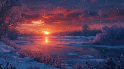 Stunning winter sunset over frozen river with snowy landscape and dramatic sky