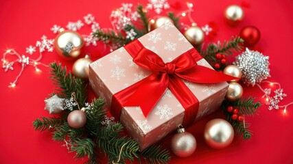 A beautifully wrapped gift with a red bow surrounded by Christmas ornaments, evergreen branches, and twinkling lights on a red background.