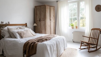 A Scandinavian-inspired bedroom with white walls, wooden furniture, and soft textiles.