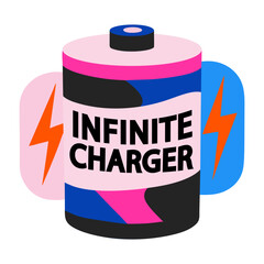A flat sticker of a power cell with infinite charger typography