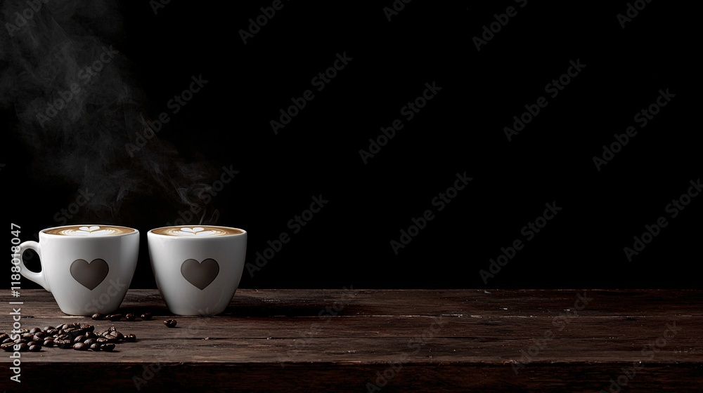 Poster two steaming cups of coffee placed on a wooden table with a heart pattern latte art, surrounded by s