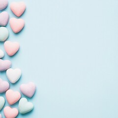 Fototapeta premium A symmetrical arrangement of candy hearts forming a large heart shape on a pastel blue background with copy space