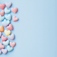 A symmetrical arrangement of candy hearts forming a large heart shape on a pastel blue background with copy space