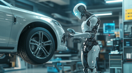Humanoid robot conducting mechanical adjustments on a car in a modern auto shop, showcasing AI-driven precision in automotive maintenance. Image made using Generative AI