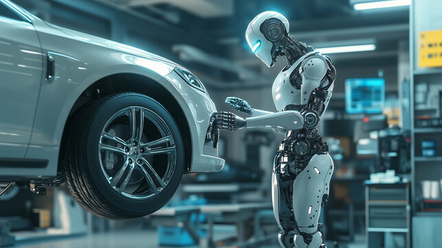 Humanoid robot conducting mechanical adjustments on a car in a modern auto shop, showcasing AI-driven precision in automotive maintenance. Image made using Generative AI