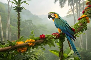 Obraz premium Majestic Macaw in Tropical Paradise Lush Rainforest Vibrant Flowers