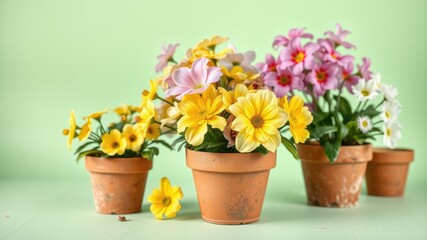 Obraz premium A vibrant display of potted flowers, showcasing delicate petals in shades of pink, yellow, and white, nestled in terracotta pots against a soft green backdrop.