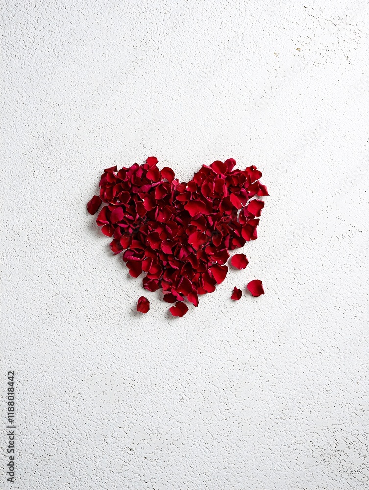 Poster a heart made from red rose petals on a white textured surface, with a soft gradient shadow and ample