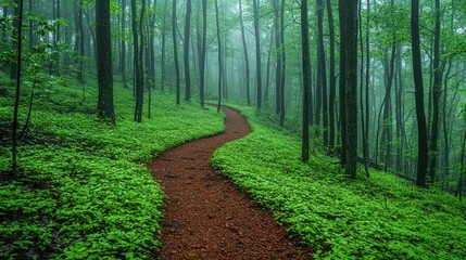 Obraz premium Winding Forest Trail Through Lush Green Undergrowth