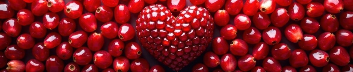 Deep red pomegranate seeds arranged as a heart shape , photography, texture