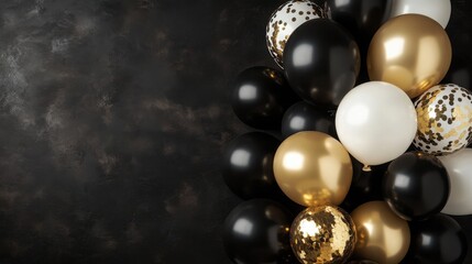 A chic collection of black, gold, and white balloons on a dark backdrop, perfect for Black Friday promotions or elegant event decor.