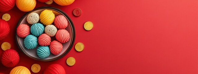 Obraz premium Colorful Assortment of Decorative Sweets and Coins on a Red Background for Celebrations and Festive Occasions
