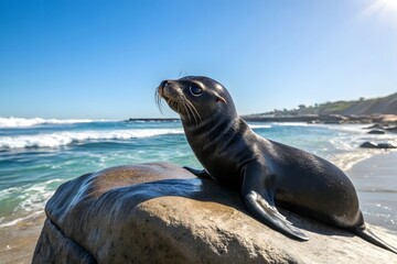 Fototapeta premium Adorable Sea Lion Pup on Coastal Rock Ocean Waves Background