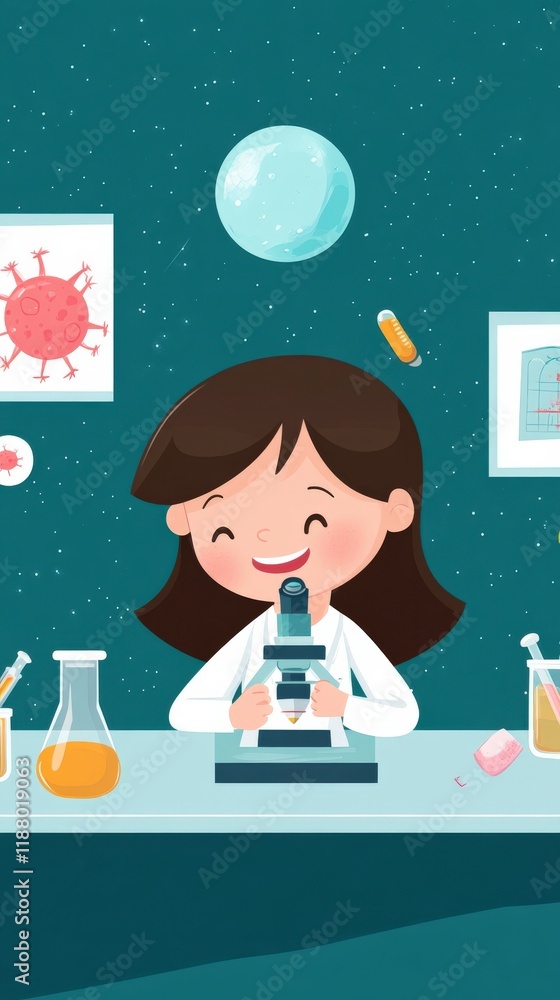 Poster cheerful scientist in laboratory using microscope with colorful elements in background, representing
