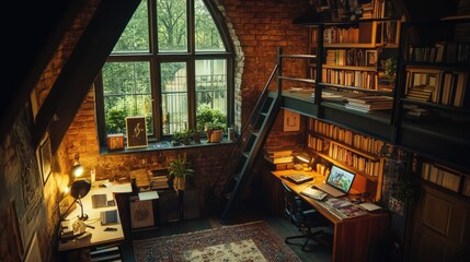 A teenager's cozy loft room with modern furniture, soft lighting, and a study area.