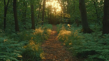 Obraz premium Sunlit Forest Path Winding Through Lush Greenery