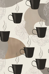 A modern, minimalist wallpaper featuring a repeating pattern of stylized, black coffee cups with thin, delicate handles and subtle steam rising from the rims,