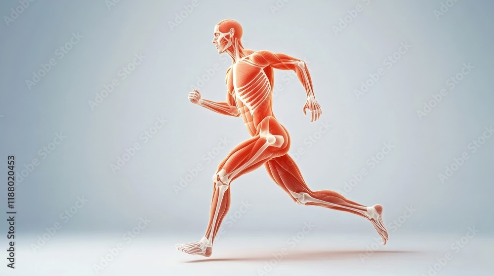 Poster anatomically accurate 3d rendering of a human male running to showcase muscle structure, skeletal sy