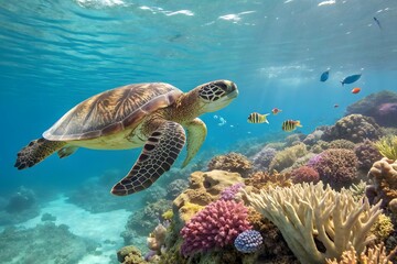 Underwater Sea Turtle Coral Reef Ocean Wildlife