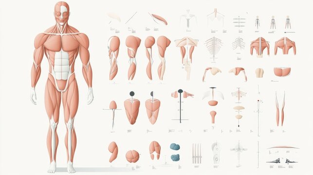 Anatomical Human Body Illustration Showcasing Muscular Structure with Detailed Charts on Muscle Groups, Skeletal Outline, and Body Movement for Educational Use