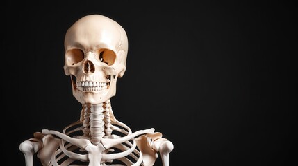 Realistic Human Skeleton Model Isolated on Black Background, Perfect for Educational Purposes, Medical Illustrations, and Anatomy Studies in Science and Art Contexts