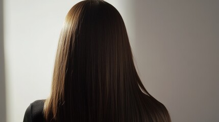 Naklejka premium Beautiful model girl with Brown hair strand,silky healthy chestnut wavy hair strand,hair wavy ribbon, with smooth,Keratin straightening,Treatment,straight long hair,procedures,Smooth hairstyle.