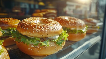 Freshly baked everything bagels with sesame seeds and poppy seeds for breakfast,bagel sandwich in bakery shop,New York style bagels,Homemade freshly plain,onion bagels,space for text.